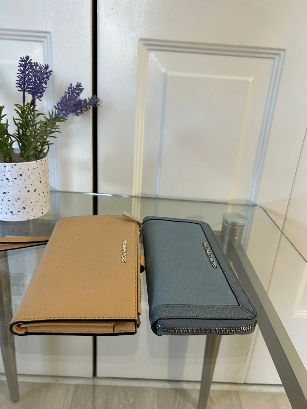Michael Kors Blue Wallet and Tan Wristlet Set
